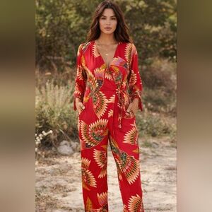 Farm Rio Toucan Print Wrap Jumpsuit XS Red Tropical Wide Leg Tassel Tie